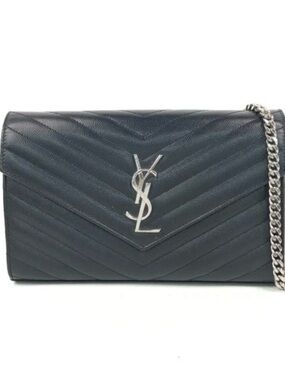 Saint Laurent Black Chevron Quilted Leather Envelope Crossbody with Silver YSL